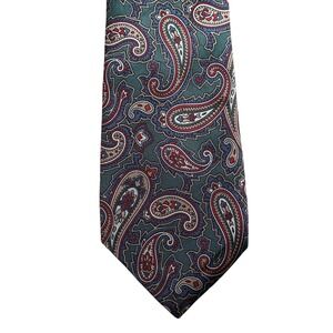 Vintage Halston Mens Tie Paisley Green & Red Jacquard 100% Silk Preppy